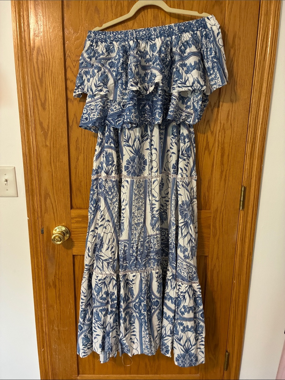 JAASE Blue and White 2 Piece Off-Shoulder Maxi Skirt